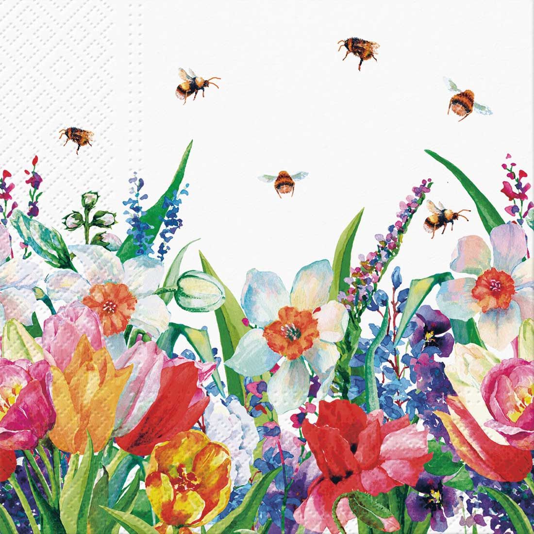 Decoupage Paper Napkins - Floral - Meadow With Bees

This decoupage paper napkin features a lively and vibrant meadow scene, bursting with colorful spring flowers and buzzing bees. The bold red, yellow, and pink tulips, mixed with soft white and orange blooms, create a stunning floral display. Above the flowers, bees are delicately illustrated, bringing a sense of movement and natural energy to the design. The rich blend of green foliage and wildflower accents completes the cheerful, nature-inspired look, making it a perfect choice for crafting projects that celebrate the beauty of a blossoming garden.