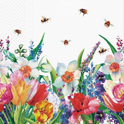 Decoupage Paper Napkins - Floral - Meadow With Bees

This decoupage paper napkin features a lively and vibrant meadow scene, bursting with colorful spring flowers and buzzing bees. The bold red, yellow, and pink tulips, mixed with soft white and orange blooms, create a stunning floral display. Above the flowers, bees are delicately illustrated, bringing a sense of movement and natural energy to the design. The rich blend of green foliage and wildflower accents completes the cheerful, nature-inspired look, making it a perfect choice for crafting projects that celebrate the beauty of a blossoming garden.