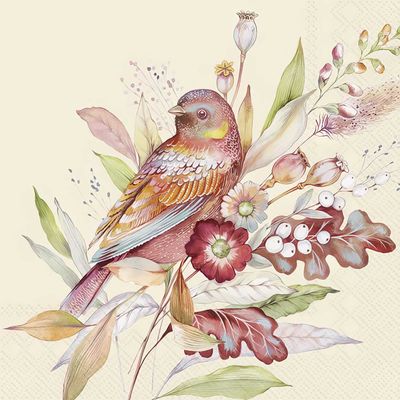 Decoupage Paper Napkins - Bird - Autumn Meadow Bird Cream

This decoupage paper napkin showcases a stunning autumnal scene with a richly colored bird perched amidst a bouquet of seasonal flora. The bird’s feathers display a beautiful gradient of earthy tones, from deep browns to soft yellows and hints of iridescent blues. Surrounding the bird are delicately illustrated leaves, berries, and seed pods in shades of burgundy, sage green, and creamy whites, all evoking the warmth of the fall season. The soft cream background enhances the vividness of the natural elements, making this design perfect for adding a refined, seasonal touch to your decorative or crafting projects.