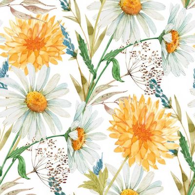 Decoupage Paper Napkins - Floral - Marigolds And Wildflowers

This decoupage paper napkin features a charming floral design with a mix of delicate white daisies and vibrant yellow marigolds. The flowers are artistically arranged with detailed green stems and leaves, complemented by subtle wildflowers and seed heads in soft, natural hues. The watercolor effect adds a soft, organic feel, making it perfect for adding a touch of nature to any craft project or table setting. Ideal for spring or summer-themed decorations, the napkin brings an air of freshness and elegance to any setting.
