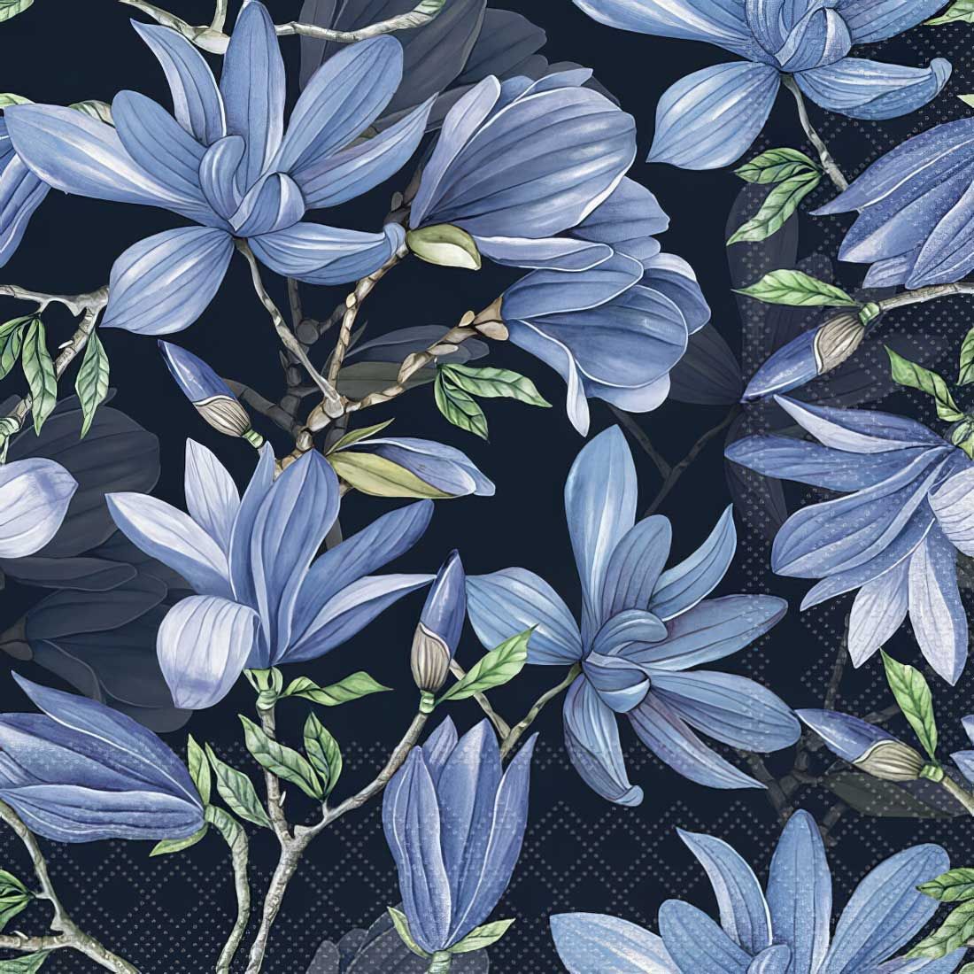 Decoupage Paper Napkins - Floral - Magnolia Acuminata Blue

This decoupage paper napkin showcases an elegant pattern of blue magnolia flowers against a deep, dark background. The magnolias, with their large, layered petals, appear in various stages of bloom, adding depth and natural beauty to the design. The intricate detailing of the flowers, along with the soft green leaves and twisting branches, creates a sophisticated and serene look. Perfect for adding a touch of luxury to DIY projects or decorative settings, this napkin’s bold contrast between the vibrant blue blooms and dark backdrop makes it ideal for chic, modern, or nature-inspired themes.
