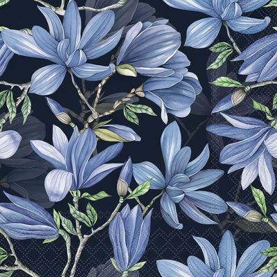 Decoupage Paper Napkins - Floral - Magnolia Acuminata Blue

This decoupage paper napkin showcases an elegant pattern of blue magnolia flowers against a deep, dark background. The magnolias, with their large, layered petals, appear in various stages of bloom, adding depth and natural beauty to the design. The intricate detailing of the flowers, along with the soft green leaves and twisting branches, creates a sophisticated and serene look. Perfect for adding a touch of luxury to DIY projects or decorative settings, this napkin’s bold contrast between the vibrant blue blooms and dark backdrop makes it ideal for chic, modern, or nature-inspired themes.
