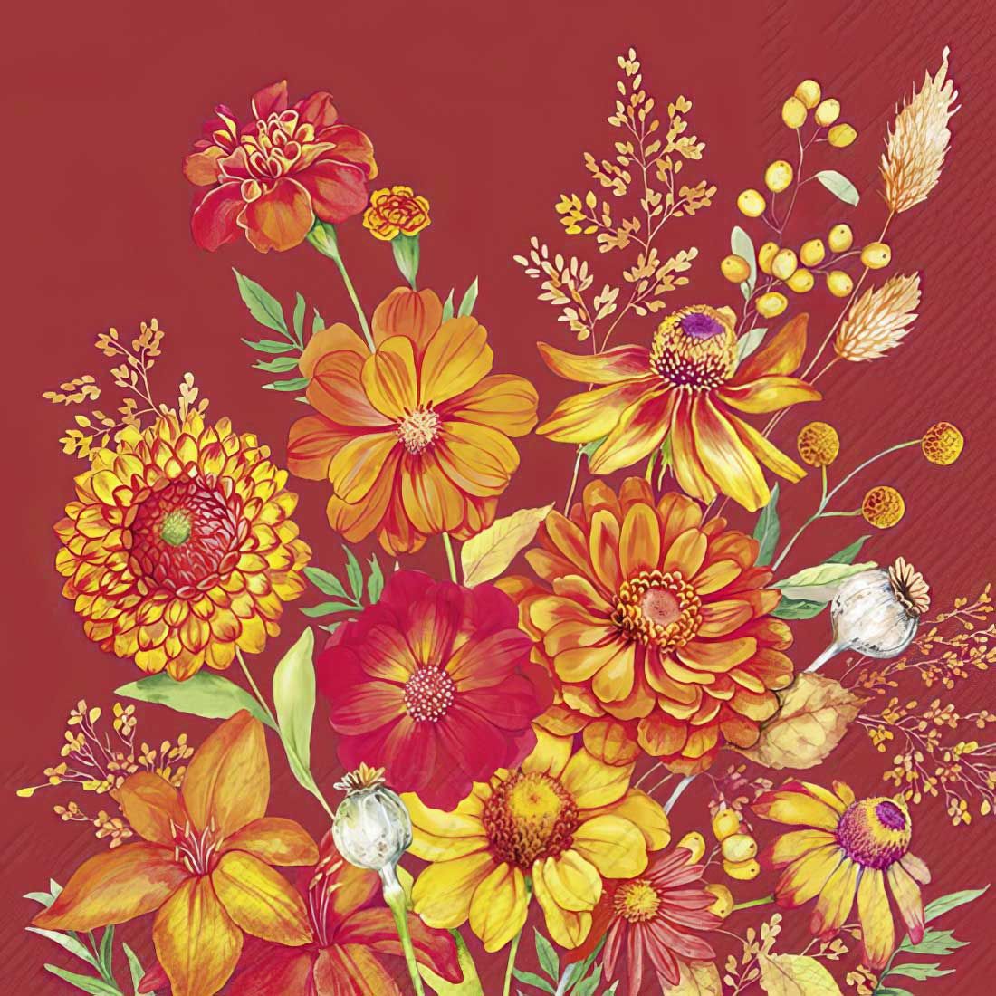 Decoupage Paper Napkins - Floral - Arya Red

This decoupage paper napkin boasts a vibrant bouquet of bold flowers in fiery hues of red, orange, and yellow against a rich crimson background. The detailed florals, including daisies, marigolds, and poppies, are beautifully illustrated with bright, dynamic strokes, radiating warmth and energy. Accented with sprigs of delicate leaves and small yellow berries, the composition feels full of life and movement. The strong contrast between the floral arrangement and the deep red background makes this napkin a striking choice for seasonal crafts, especially for autumn or festive-themed decoupage projects.
