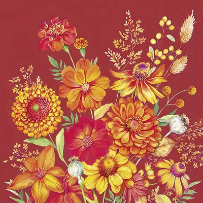 Decoupage Paper Napkins - Floral - Arya Red

This decoupage paper napkin boasts a vibrant bouquet of bold flowers in fiery hues of red, orange, and yellow against a rich crimson background. The detailed florals, including daisies, marigolds, and poppies, are beautifully illustrated with bright, dynamic strokes, radiating warmth and energy. Accented with sprigs of delicate leaves and small yellow berries, the composition feels full of life and movement. The strong contrast between the floral arrangement and the deep red background makes this napkin a striking choice for seasonal crafts, especially for autumn or festive-themed decoupage projects.
