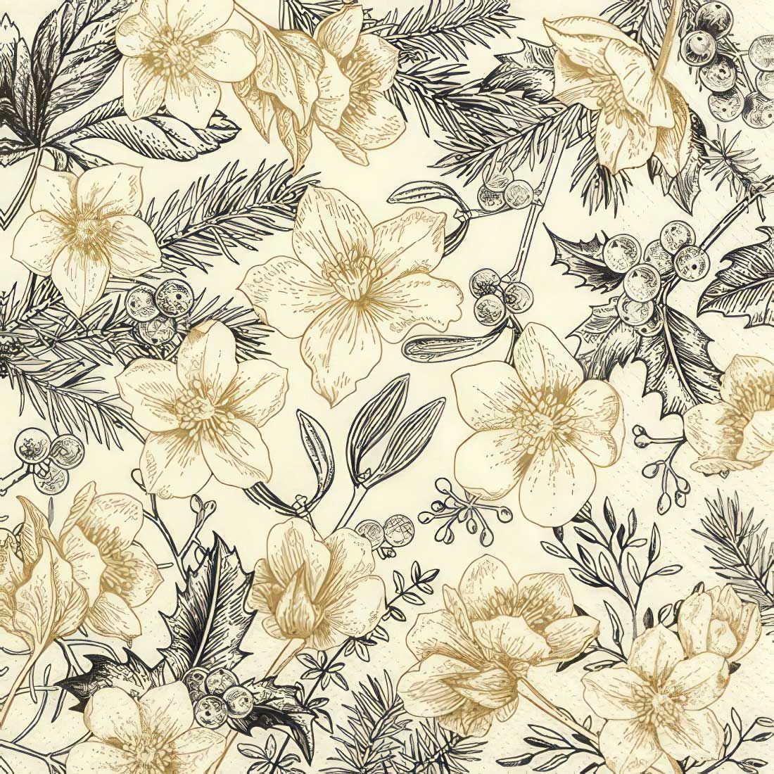 Decoupage Paper Napkins - Floral - Modern Christmas Rose

This decoupage paper napkin features a delicate floral pattern, primarily showcasing elegant flowers in soft, muted gold tones. The intricate detailing of the flowers is enhanced by fine line art, including various leaves and berries, giving the design a vintage botanical aesthetic. The contrast between the golden flowers and the black-and-white foliage adds a sophisticated yet natural touch, making it an ideal choice for holiday-themed crafts or decorations that exude a timeless, elegant charm. The subtle color palette makes it versatile for both traditional and modern decoupage projects.
