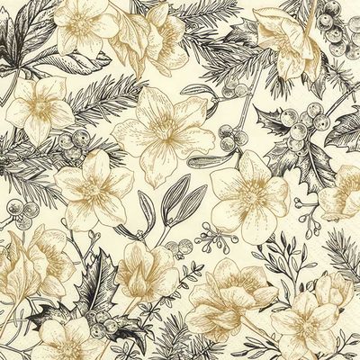 Decoupage Paper Napkins - Floral - Modern Christmas Rose

This decoupage paper napkin features a delicate floral pattern, primarily showcasing elegant flowers in soft, muted gold tones. The intricate detailing of the flowers is enhanced by fine line art, including various leaves and berries, giving the design a vintage botanical aesthetic. The contrast between the golden flowers and the black-and-white foliage adds a sophisticated yet natural touch, making it an ideal choice for holiday-themed crafts or decorations that exude a timeless, elegant charm. The subtle color palette makes it versatile for both traditional and modern decoupage projects.
