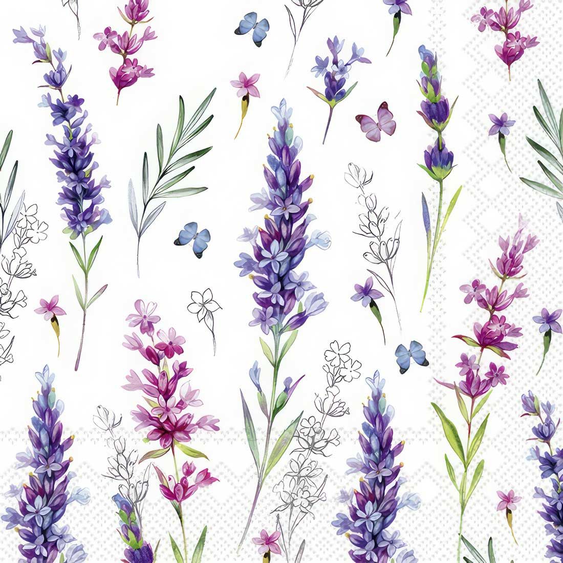 Decoupage Paper Napkins - Floral - Lisa White

This decoupage paper napkin features a serene and delicate lavender-inspired design. The elegant lavender sprigs in shades of purple and lilac are interspersed with soft green leaves and accompanied by graceful, hand-drawn outlines of flowers, adding an artistic sketch-like element. Light butterflies flutter around the florals, enhancing the napkin&#39;s gentle and whimsical charm. The white background emphasizes the pastel tones and intricate details, making this napkin perfect for crafting projects that require a fresh, calming, and nature-inspired aesthetic, ideal for spring or floral-themed decoupage.
