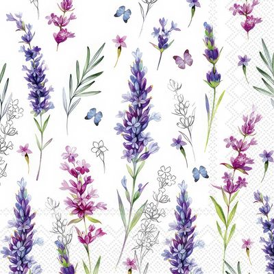 Decoupage Paper Napkins - Floral - Lisa White

This decoupage paper napkin features a serene and delicate lavender-inspired design. The elegant lavender sprigs in shades of purple and lilac are interspersed with soft green leaves and accompanied by graceful, hand-drawn outlines of flowers, adding an artistic sketch-like element. Light butterflies flutter around the florals, enhancing the napkin&#39;s gentle and whimsical charm. The white background emphasizes the pastel tones and intricate details, making this napkin perfect for crafting projects that require a fresh, calming, and nature-inspired aesthetic, ideal for spring or floral-themed decoupage.
