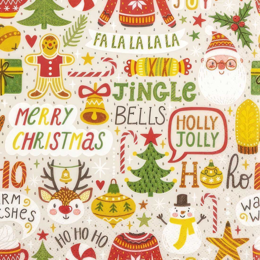 Decoupage Paper Napkins - Christmas/Xmas - Fa La La

This festive decoupage paper napkin features a vibrant Christmas theme adorned with cheerful holiday motifs. The design includes classic symbols like Santa Claus, reindeer, a gingerbread man, ornaments, snowmen, and candy canes, accompanied by joyful phrases like &quot;Merry Christmas,&quot; &quot;Jingle Bells,&quot; &quot;Fa La La La,&quot; and &quot;Holly Jolly.&quot; The color palette is filled with warm reds, greens, yellows, and whites, adding a playful and cozy holiday spirit. Perfect for crafting during the Christmas season.