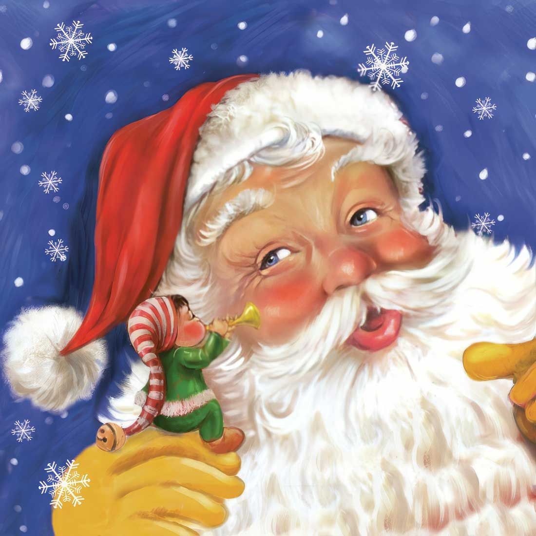 Decoupage Paper Napkins - Christmas/Xmas - Santa &amp; Elf

This whimsical decoupage paper napkin features a joyful and heartwarming depiction of Santa Claus, with rosy cheeks and a jolly smile, against a starry night sky. A playful elf, dressed in festive green with a red and white striped hat, is perched on Santa&#39;s hand, blowing a trumpet as snowflakes gently fall around them. The design captures the magic and delight of the Christmas season, perfect for holiday crafts.