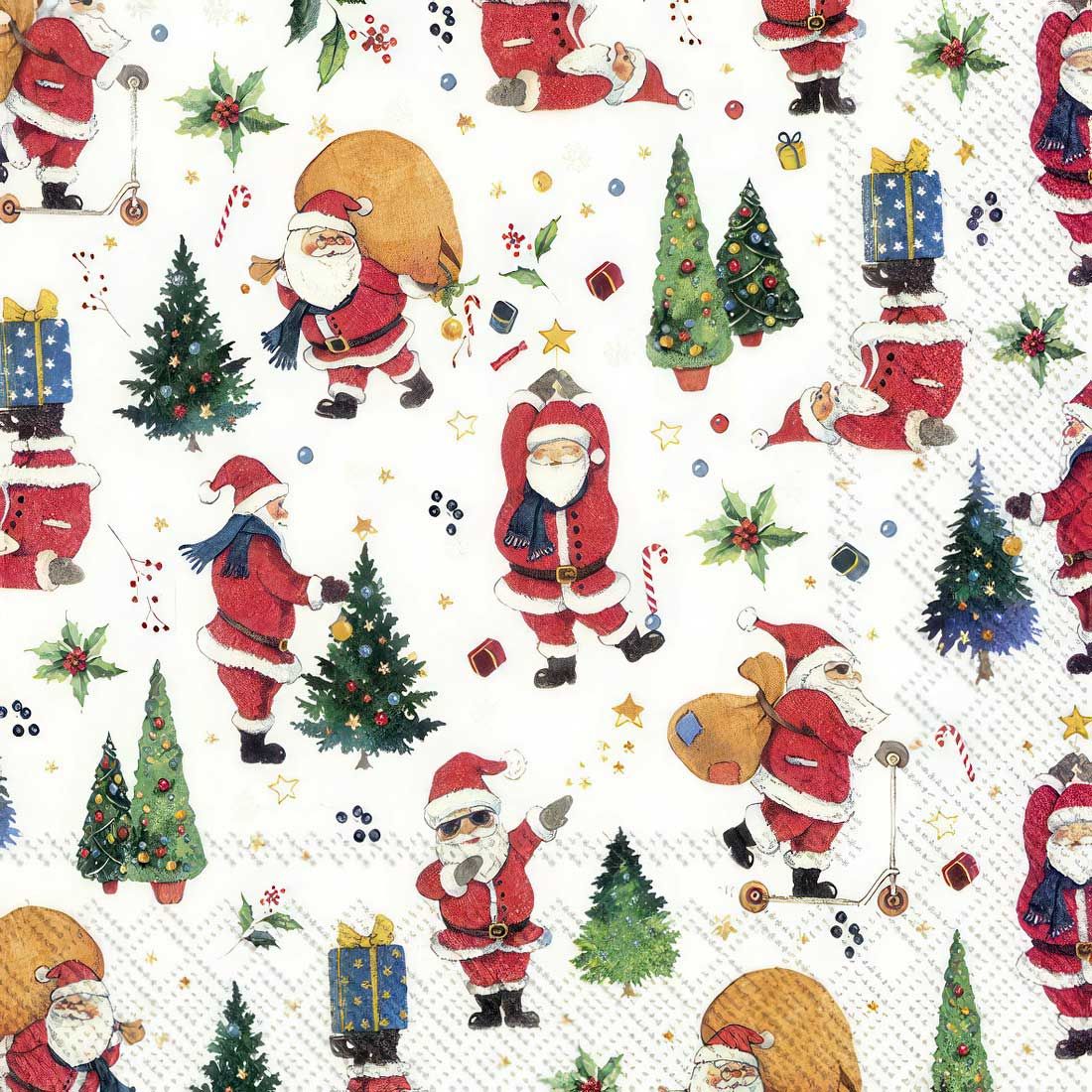 Decoupage Paper Napkins - Christmas/Xmas - Santas Look

This playful decoupage paper napkin showcases a fun and lively collection of Santa Claus illustrations, each depicting Santa in various cheerful poses and activities. Santa is seen decorating Christmas trees, carrying a sack of presents, riding a scooter, and even striking modern dance poses, adding a humorous twist to the traditional holiday imagery. The design is enhanced with festive accents like wrapped gifts, candy canes, holly, and decorated trees, creating a joyful and dynamic Christmas scene. Ideal for decoupage projects, seasonal crafts, or adding a festive touch to holiday gatherings.