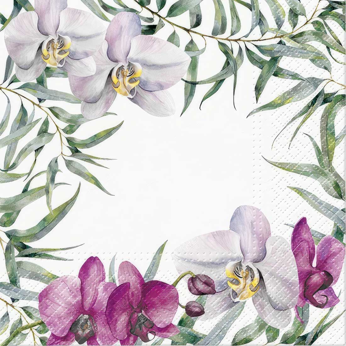 Decoupage Paper Napkins - Floral - Elegant Orchid

This decoupage paper napkin features a delicate and elegant botanical design. The central focus is on two large, pastel-hued orchids in soft shades of lavender and white, framed by lush green eucalyptus leaves. At the bottom, vivid purple and fuchsia orchids add a vibrant pop of color. The greenery weaves around the borders, leaving a central white space that allows for creative use in crafting or decoration. The combination of soft florals and leafy accents gives it a fresh, tropical, yet sophisticated feel, perfect for any nature-inspired or elegant occasion.