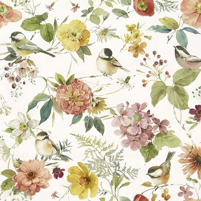 Decoupage Paper Napkins - Floral - Blessed By Nature Cream

This decoupage paper napkin offers a charming and lively nature-inspired design. Featuring delicate songbirds perched among a variety of colorful blossoms and leafy sprigs, it creates a vibrant yet harmonious scene. The birds, with their soft yellow, green, and brown plumage, are scattered amidst a mix of floral arrangements including bright yellow, pink, peach, and red flowers like dahlias and hydrangeas, along with dainty berries and greenery. The soft cream-colored background enhances the natural beauty of the artwork, making this napkin perfect for spring or nature-themed decoupage and crafting projects.