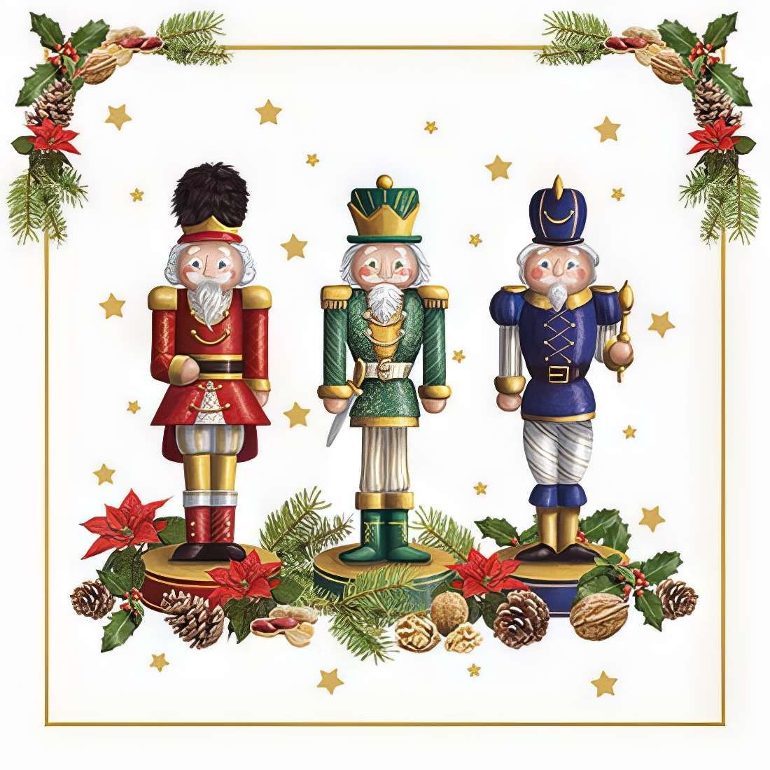 Decoupage Paper Napkins - Christmas/Xmas -Bearded Nutcracker

Festive Holiday Nutcracker Decoupage Napkin – Featuring a trio of classic nutcrackers in vibrant red, green, and blue attire, this napkin is adorned with golden stars, poinsettias, pinecones, and lush evergreen branches. Perfect for Christmas crafts and decoupage projects, it brings a touch of traditional holiday charm to any décor.

