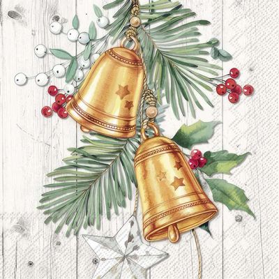 Decoupage Paper Napkins - Christmas/Xmas -Christmas Bell Cream

This decoupage paper napkin features an elegant holiday design with golden bells adorned with star cutouts, hanging amid lush green pine branches. Accents of red berries, white mistletoe, and holly leaves add vibrant color and festive charm. A subtle woodgrain background with intricate, textured patterns enhances the overall rustic and vintage aesthetic, making it perfect for Christmas-themed crafts.