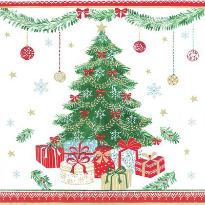 Decoupage Paper Napkins - Christmas/Xmas -Presents Under Xmas Tree

This napkin features a beautifully decorated evergreen tree adorned with red bows, ornaments, and snowflakes. The scene is complemented by an array of intricately wrapped presents at the base, surrounded by golden stars, delicate snowflakes, and garlands. Perfect for DIY crafting and holiday décor.