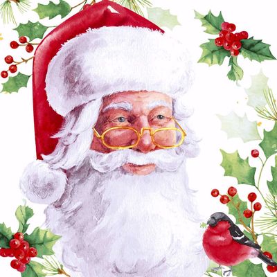 Decoupage Paper Napkins - Christmas/Xmas -Vintage Claus

This is a Charming Santa-themed decoupage napkin showcasing a watercolor-style illustration of Santa Claus with a kind expression, classic red hat, and golden glasses. Surrounded by festive holly, bright red berries, and a cheerful bullfinch, this design adds a warm, traditional holiday touch. Ideal for Christmas crafting and holiday themed projects.
