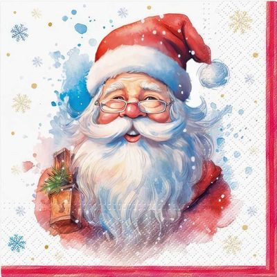Decoupage Paper Napkins - Christmas/Xmas -Portrait of Santa Claus 

This charming napkin features a beautifully illustrated Santa Claus with a cheerful expression, rosy cheeks, and a classic red hat. Surrounded by delicate snowflakes and watercolor-style accents, it&#39;s perfect for adding a touch of holiday magic to your Christmas crafts