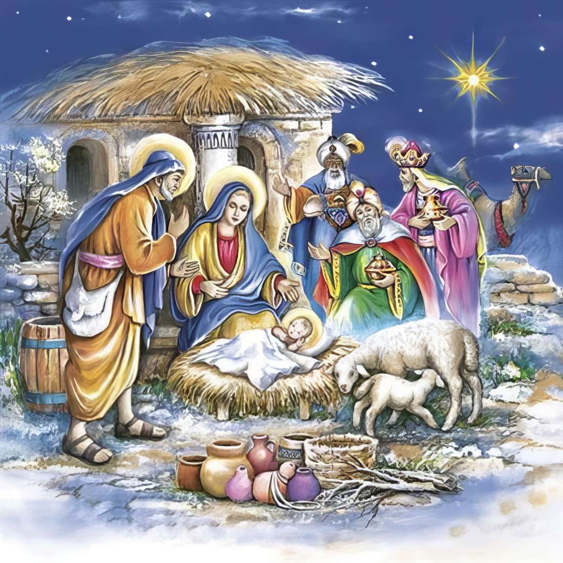 Decoupage Paper Napkins - Christmas/Xmas -Holy Family

Featuring a beautifully detailed depiction of the Holy Family with Mary, Joseph, and Baby Jesus in the manger, surrounded by the Three Wise Men, a shepherd, and animals under a radiant starry sky. This design exudes warmth and reverence, perfect for Christmas crafts or religious-themed projects, capturing the essence of the holiday season.
