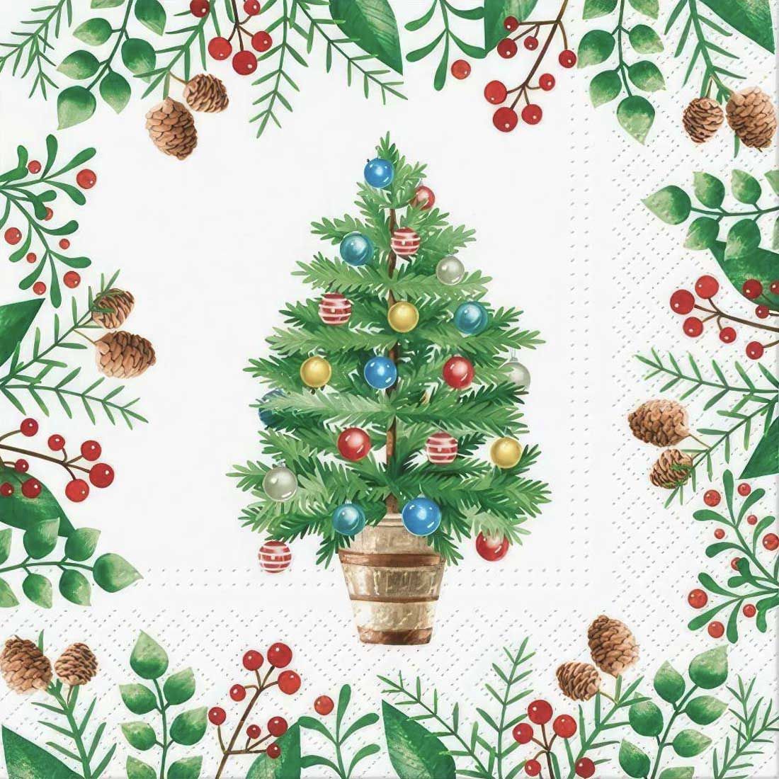 Decoupage Paper Napkins - Christmas/Xmas -Decorated Tree

Featuring a charming decorated Christmas tree adorned with colorful ornaments in a rustic wooden pot, surrounded by a vibrant border of holly leaves, berries, and pinecones. This elegant and cheerful design is ideal for holiday-themed crafts or seasonal décor, bringing the spirit of Christmas to your projects.

