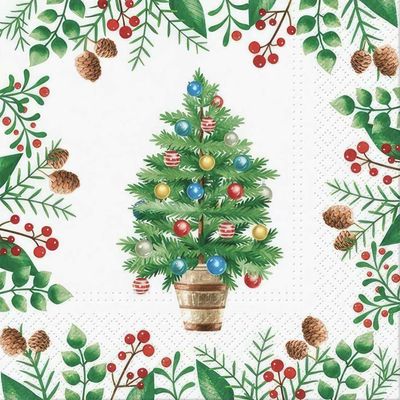 Decoupage Paper Napkins - Christmas/Xmas -Decorated Tree

Featuring a charming decorated Christmas tree adorned with colorful ornaments in a rustic wooden pot, surrounded by a vibrant border of holly leaves, berries, and pinecones. This elegant and cheerful design is ideal for holiday-themed crafts or seasonal décor, bringing the spirit of Christmas to your projects.

