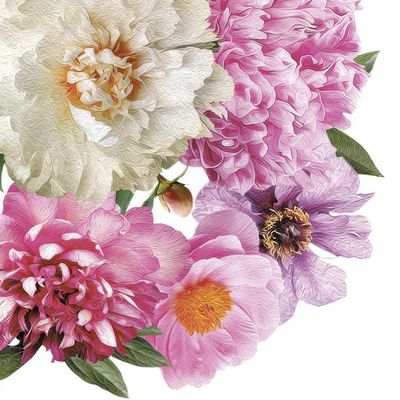 Blooming Peonies
This decoupage paper napkin showcases a stunning arrangement of blooming peonies in soft pink, white, and lilac shades. The intricate detailing of the petals, combined with a painterly texture, adds elegance and depth. Complemented by lush green leaves and hints of golden-yellow stamens, this design is ideal for adding a touch of floral sophistication to craft projects or decorative settings.