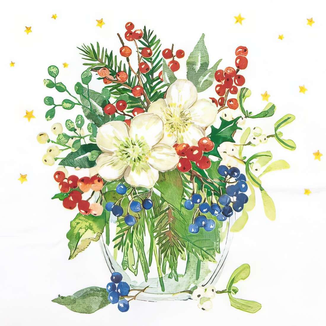 Christmas Bouquet

This decoupage paper napkin features a vibrant holiday-themed design, showcasing an elegant arrangement of seasonal greenery and berries. The centerpiece includes delicate white flowers surrounded by red holly berries, blue mistletoe berries, and lush green foliage, complemented by sprigs of pine and mistletoe. Scattered golden stars on a clean white background add a festive and cheerful touch, making it perfect for holiday crafts, table settings, or seasonal decorations.
