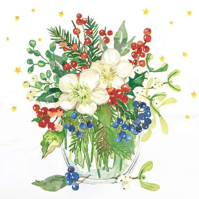 Christmas Bouquet

This decoupage paper napkin features a vibrant holiday-themed design, showcasing an elegant arrangement of seasonal greenery and berries. The centerpiece includes delicate white flowers surrounded by red holly berries, blue mistletoe berries, and lush green foliage, complemented by sprigs of pine and mistletoe. Scattered golden stars on a clean white background add a festive and cheerful touch, making it perfect for holiday crafts, table settings, or seasonal decorations.