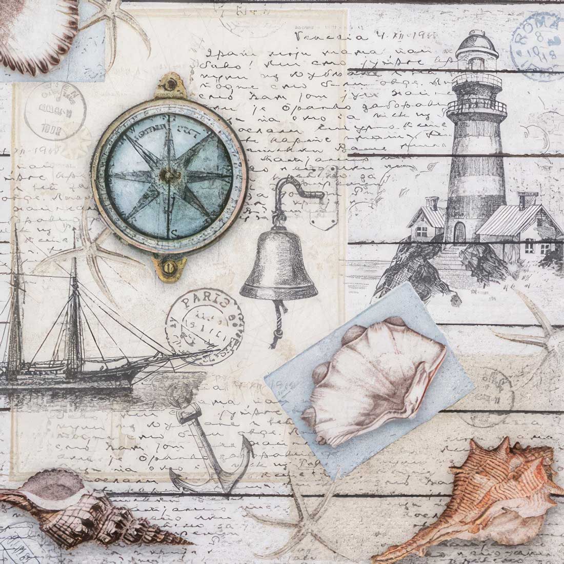 Nautical Feeling 

This decoupage paper napkin showcases a vintage nautical theme, combining intricate sketches and soft, weathered tones. The design features a classic compass, a lighthouse, a ship, and maritime elements like an anchor and a bell, accompanied by handwritten script and old postal stamps for a nostalgic feel. Shell illustrations and starfish add a coastal charm, making this napkin ideal for ocean-inspired crafts and decor projects.
