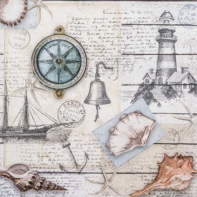 Nautical Feeling 

This decoupage paper napkin showcases a vintage nautical theme, combining intricate sketches and soft, weathered tones. The design features a classic compass, a lighthouse, a ship, and maritime elements like an anchor and a bell, accompanied by handwritten script and old postal stamps for a nostalgic feel. Shell illustrations and starfish add a coastal charm, making this napkin ideal for ocean-inspired crafts and decor projects.