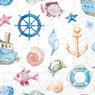 Coastal Elements
Bring a touch of the seaside to your crafts with this adorable decoupage napkin. Features a playful design of colorful seashells, fish, anchors, ship wheels, and boats against a subtle anchor background. Ideal for decoupage on wood, glass, and more.