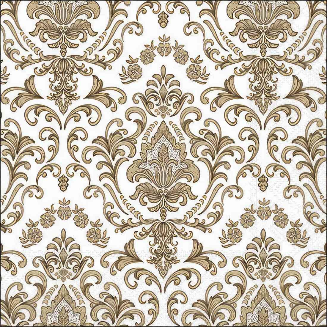 Decoupage Paper Napkins - Pattern - Baroque Ornament Gold

This decoupage paper napkin features an elegant and intricate Baroque-style design in a gold and white color scheme. The symmetrical pattern showcases ornate floral and scroll motifs, exuding sophistication and timeless charm. The delicate detailing adds a luxurious touch, making it perfect for crafting.