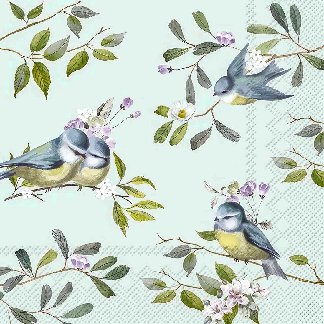 Decoupage Paper Napkins - Bird - Romantic Birds Light Blue

This decoupage paper napkin showcases a delicate and serene design featuring blue and yellow songbirds perched on branches adorned with soft blossoms and green leaves. Set against a pale pastel blue background, the artwork exudes a peaceful, springtime charm, perfect for crafting, table settings, or decorative projects that evoke a sense of natural beauty and tranquility.