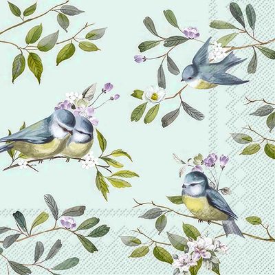 Decoupage Paper Napkins - Bird - Romantic Birds Light Blue

This decoupage paper napkin showcases a delicate and serene design featuring blue and yellow songbirds perched on branches adorned with soft blossoms and green leaves. Set against a pale pastel blue background, the artwork exudes a peaceful, springtime charm, perfect for crafting, table settings, or decorative projects that evoke a sense of natural beauty and tranquility.