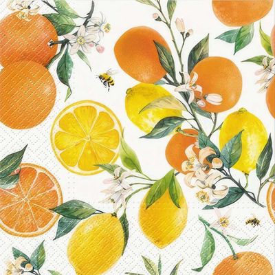 Decoupage Paper Napkins - Food &amp; Drinks - Citrus with Bees

This decoupage paper napkin features a vibrant citrus-themed design with oranges, lemons, and lime slices. The fruits are complemented by delicate white blossoms and green leaves, creating a fresh and lively aesthetic. The addition of small bees enhances the natural, garden-inspired feel. The textured background subtly highlights the design, making it ideal for crafting or adding a cheerful touch to your decoupage projects.
