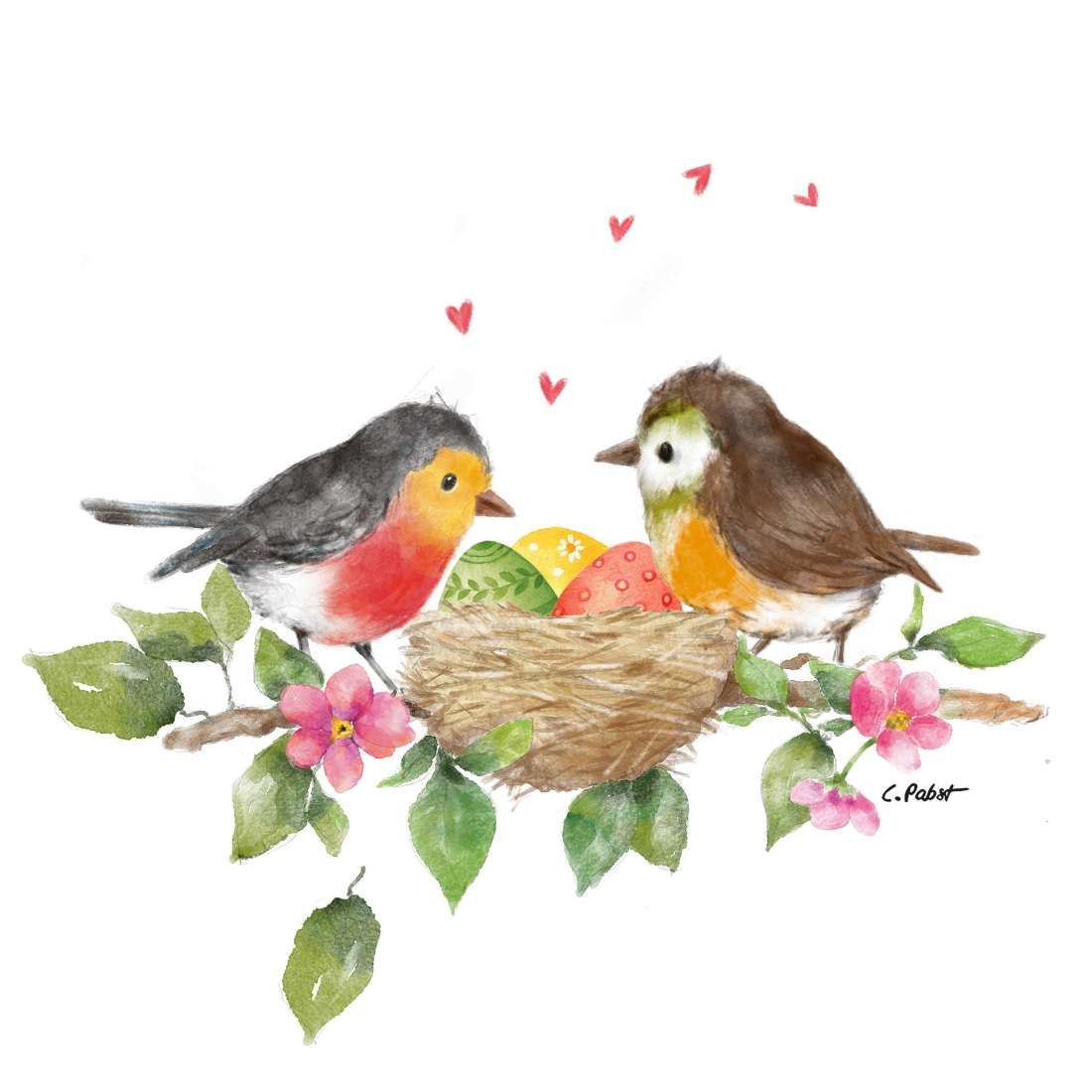 Decoupage Paper Napkins - Bird - Birds Nest

Delightful watercolor illustration featuring two charming birds perched lovingly near a nest filled with intricately decorated eggs. Surrounded by blooming flowers and lush green leaves, this design evokes a sense of warmth, nature, and springtime joy. Perfect for adding an artistic and cheerful touch to your decoupage projects.
