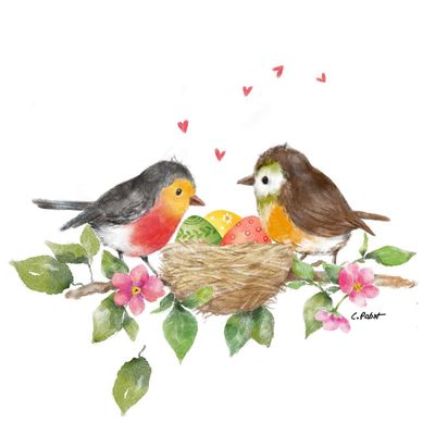 Decoupage Paper Napkins - Bird - Birds Nest

Delightful watercolor illustration featuring two charming birds perched lovingly near a nest filled with intricately decorated eggs. Surrounded by blooming flowers and lush green leaves, this design evokes a sense of warmth, nature, and springtime joy. Perfect for adding an artistic and cheerful touch to your decoupage projects.
