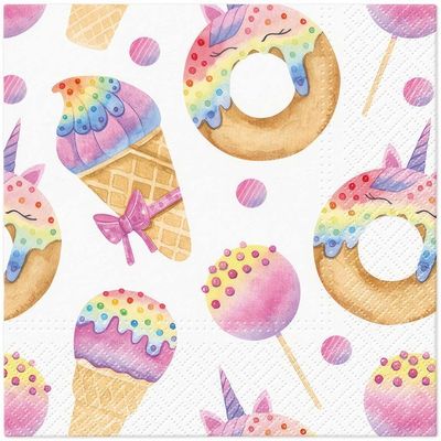 Decoupage Paper Napkins - Food &amp; Drinks - Magic Sweets

Add a whimsical and colorful touch to your craft projects with this charming decoupage paper napkin! Featuring a delightful mix of rainbow-themed unicorn donuts, ice cream cones, and cake pops, this design brings a fun, magical vibe to any creation. Perfect for party decorations, DIY crafts, or adding a playful accent to your decoupage work, this napkin is both vibrant and enchanting
