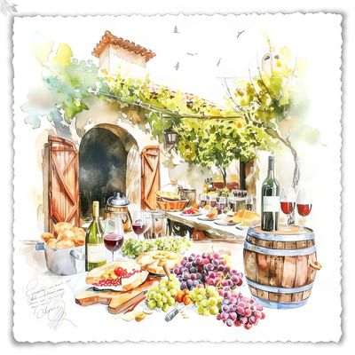 Decoupage Paper Napkins - Outdoor/Scenic - Vineyard Tasting

Experience the charm of a sunlit vineyard courtyard with this beautifully illustrated decoupage paper napkin. Featuring a rustic Mediterranean table laden with fresh bread, vibrant grapes, fine wine, and an assortment of cheeses, this design captures the essence of a delightful alfresco feast under a trellis of grapevines. Perfect for crafts and table settings that exude warmth and elegance.
