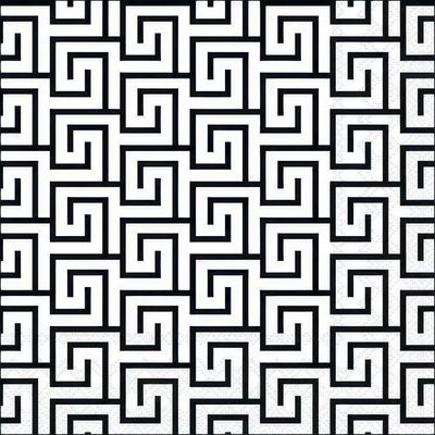 Decoupage Paper Napkins - Pattern - Greek Key White/Black

This decoupage paper napkin features a bold and elegant &quot;Greek Key&quot; pattern in a classic black-and-white color scheme. The intricate, interlocking design adds a timeless and sophisticated touch, perfect for use in craft projects.
