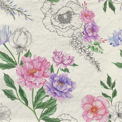 Decoupage Paper Napkins - Floral - Pink Blossoms

This decoupage paper napkin showcases an exquisite blend of hand-drawn floral illustrations and watercolor designs. Featuring delicate pink, purple, and blue blossoms, along with lush green foliage, some flowers are intricately detailed in black-and-white sketches, creating a charming contrast. Perfect for elegant craft projects, this design adds a touch of artistic sophistication to any setting.