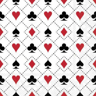 Decoupage Paper Napkins - Pattern - Cards

This decoupage paper napkin features a classic playing card motif with a repeating pattern of hearts, spades, clubs, and diamonds. The red and black suits are arranged on a white background, framed by subtle dashed lines forming a diamond grid. Perfect for card-themed parties, game nights, or creative crafting projects, this design brings a touch of elegance and fun to any setting.