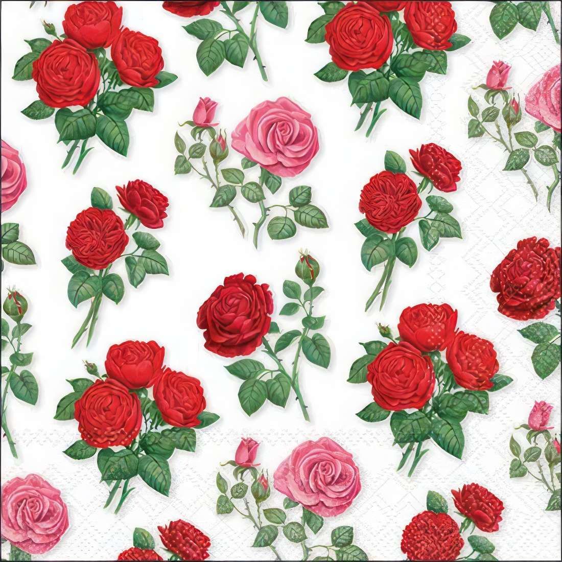 Decoupage Paper Napkins - Floral - Hailey White

Add a touch of vintage charm to your crafts with this beautifully designed decoupage napkin. Featuring vibrant red and soft pink roses with lush green foliage, set against a crisp white background, this napkin is perfect for decoupage, scrapbooking, and DIY projects. The intricate floral design brings a romantic and classic aesthetic, ideal for decorating trays, wooden boxes, glassware, and more. Transform everyday items into stunning floral masterpieces with this high-quality paper napkin!
