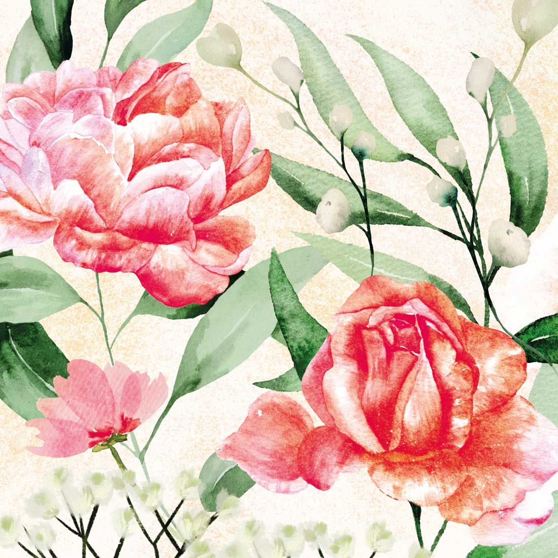 Decoupage Paper Napkins - Floral - Rose Symphonie

Enhance your craft projects with the soft, artistic beauty of this watercolor-style floral napkin. Featuring delicate coral and blush roses, lush greenery, and subtle botanical details, this napkin exudes elegance and charm. The warm, pastel background adds a vintage-inspired touch, making it perfect for decoupage, scrapbooking, mixed media art, and DIY home décor. Transform wooden boxes, glassware, trays, and more with this graceful floral design. A must-have for floral and nature lovers!