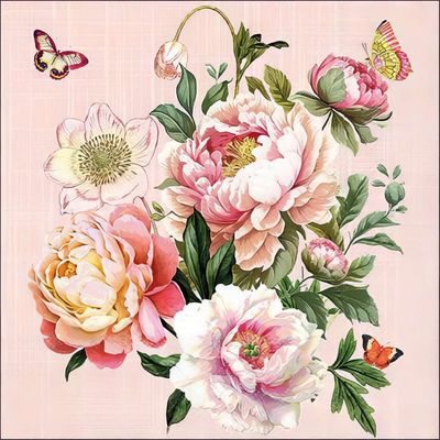 Decoupage Paper Napkins - Floral - Peony Bouquet

This exquisite decoupage paper napkin features a lush bouquet of peonies in soft pastel shades of pink, peach, and ivory, beautifully accented with rich green foliage. Delicate butterflies flutter around, adding a whimsical charm to the elegant floral composition. Set against a subtle textured blush background, this napkin is perfect for decoupage, crafting, scrapbooking, and elegant table settings. A timeless design that brings a touch of vintage floral beauty to any creative project.
