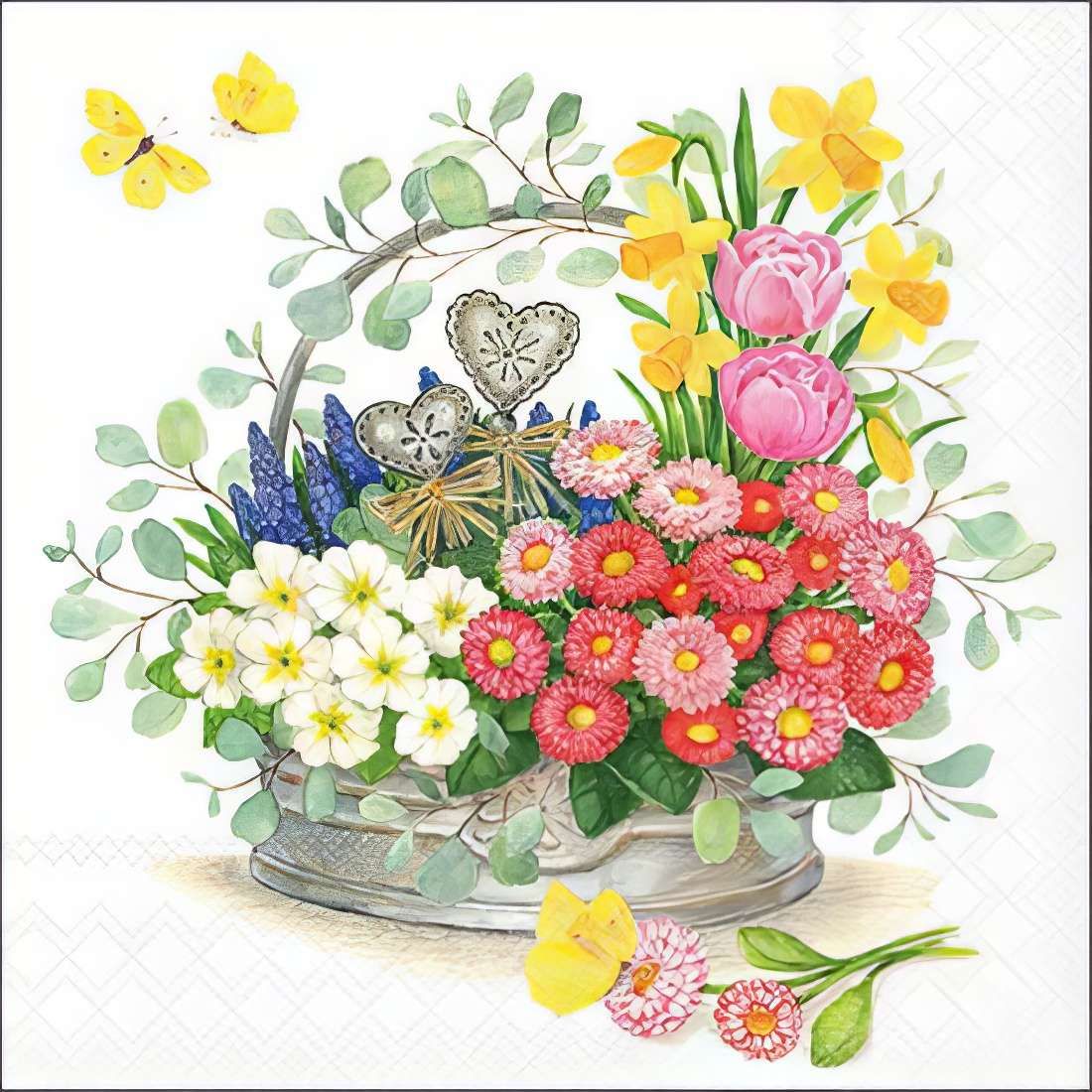 Decoupage Paper Napkins - Floral - Rose Symphonie

Add a touch of spring to your crafts with this beautifully illustrated floral basket napkin. Featuring a charming arrangement of vibrant blossoms, including pink tulips, yellow daffodils, white primroses, and cheerful red daisies, this design exudes freshness and elegance. Accented with delicate butterflies and rustic heart-shaped embellishments, this napkin is perfect for decoupage or scrapbooking. Ideal for spring-themed projects, gift wrapping, and DIY home decorations, it brings a delightful botanical charm to any setting.
