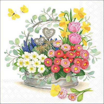 Decoupage Paper Napkins - Floral - Rose Symphonie

Add a touch of spring to your crafts with this beautifully illustrated floral basket napkin. Featuring a charming arrangement of vibrant blossoms, including pink tulips, yellow daffodils, white primroses, and cheerful red daisies, this design exudes freshness and elegance. Accented with delicate butterflies and rustic heart-shaped embellishments, this napkin is perfect for decoupage or scrapbooking. Ideal for spring-themed projects, gift wrapping, and DIY home decorations, it brings a delightful botanical charm to any setting.
