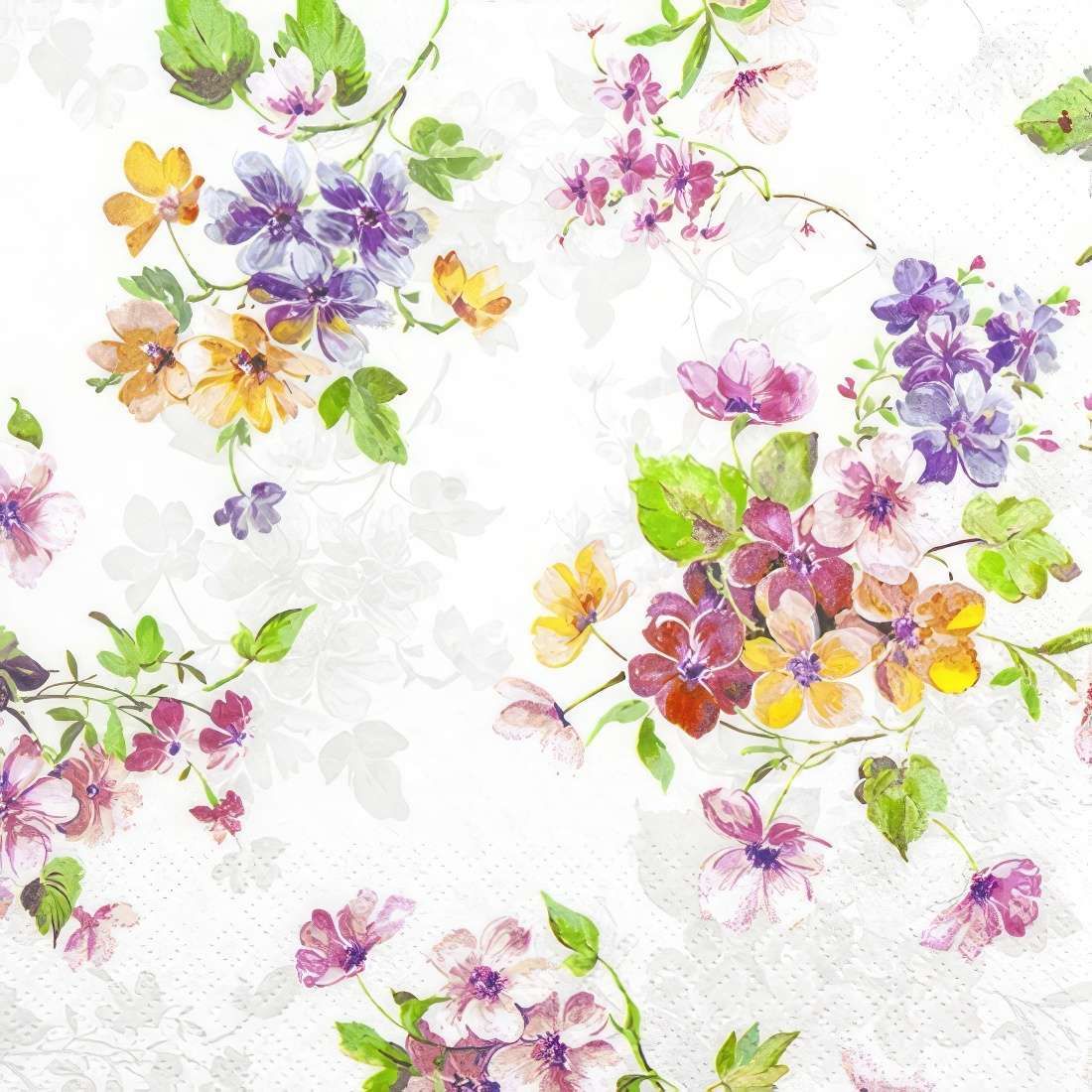 Decoupage Paper Napkins - Floral - The Blooming

This decoupage paper napkin features a delicate floral design with an artistic watercolor effect. The pattern consists of vibrant blossoms in shades of purple, pink, yellow, and red, complemented by lush green leaves and subtle vine-like tendrils. The background is predominantly white with faint, translucent floral impressions, adding depth and elegance. Perfect for crafting and scrapbooking, this napkin exudes a fresh and romantic charm, ideal for vintage or botanical-themed projects.
