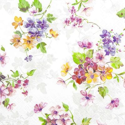 Decoupage Paper Napkins - Floral - The Blooming

This decoupage paper napkin features a delicate floral design with an artistic watercolor effect. The pattern consists of vibrant blossoms in shades of purple, pink, yellow, and red, complemented by lush green leaves and subtle vine-like tendrils. The background is predominantly white with faint, translucent floral impressions, adding depth and elegance. Perfect for crafting and scrapbooking, this napkin exudes a fresh and romantic charm, ideal for vintage or botanical-themed projects.
