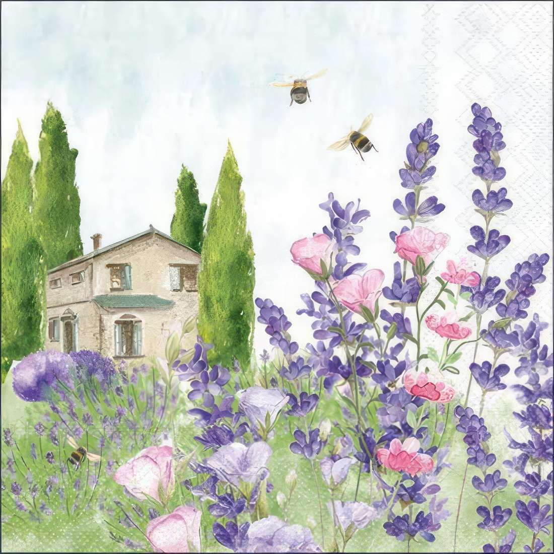 Decoupage Paper Napkins - Outdoor/Scenic - Lavender Meadow

Capture the beauty of the French countryside with this stunning decoupage napkin, featuring a charming rustic farmhouse nestled among rolling lavender fields. Delicate pink and purple wildflowers bloom in the foreground, while buzzing bees bring a lively touch of nature. Tall cypress trees frame the serene landscape, evoking the peaceful essence of Provence. This elegant watercolor design is perfect for enhancing trays, coasters, wooden furniture, and craft projects with a soft, vintage charm. Bring a breath of fresh countryside air to your creations with this delightful floral napkin!
